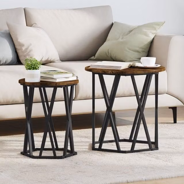 Berkfield Home Set of 2 Round Smoked Oak Nested Side Tables in Brown
