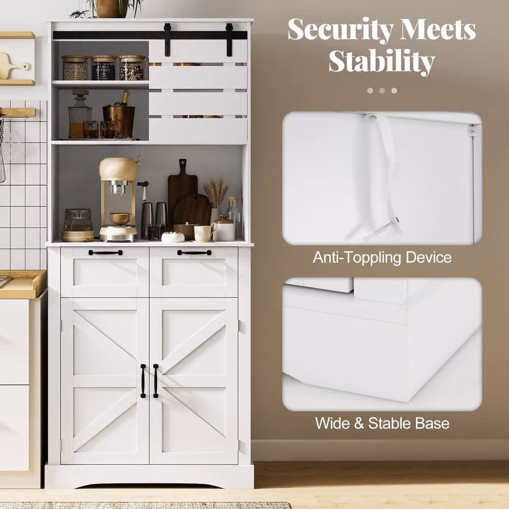 Costway White Tall Kitchen Cupboard Buffet Pantry Sideboard with Power Outlet – 3