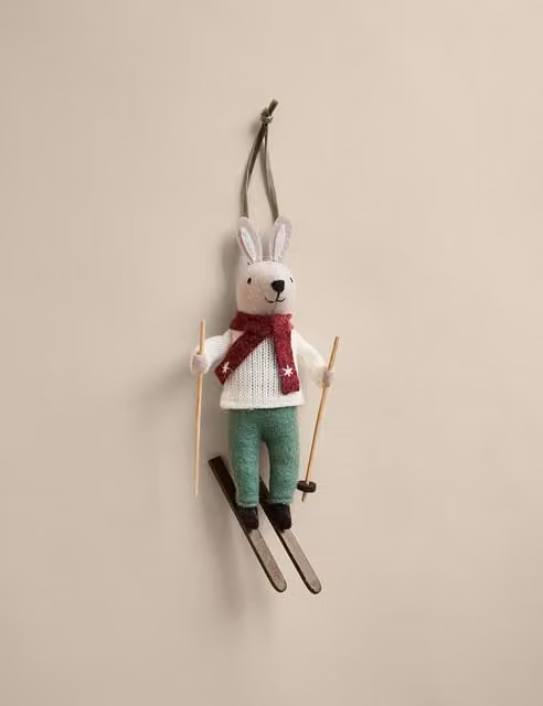 M&S White Felt Hanging Skiing Rabbit Christmas Decoration