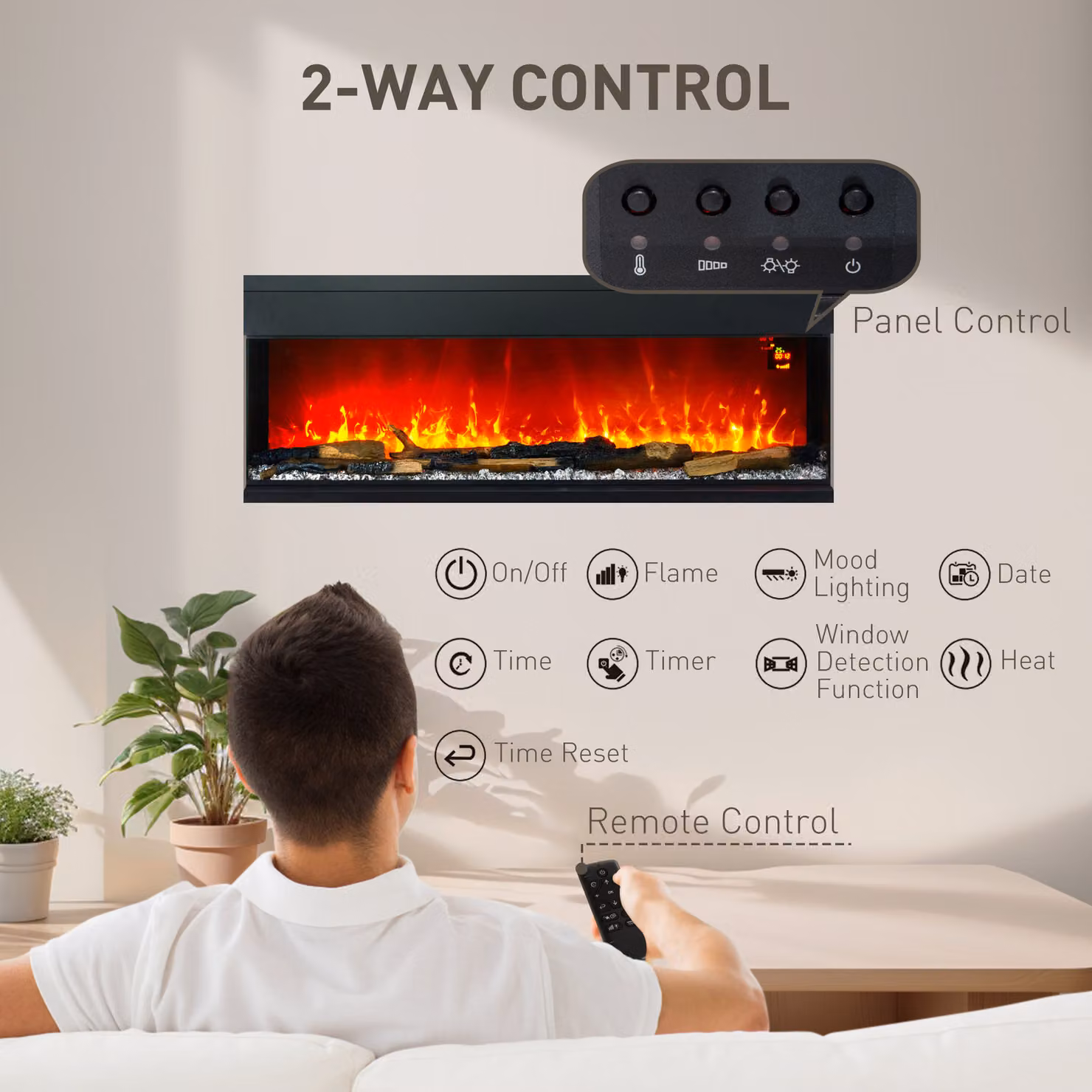 HOMCOM Black Wall Mounted Electric Fire with LED Flame Effect and Glass Front, 127 cm, 1800W – 5