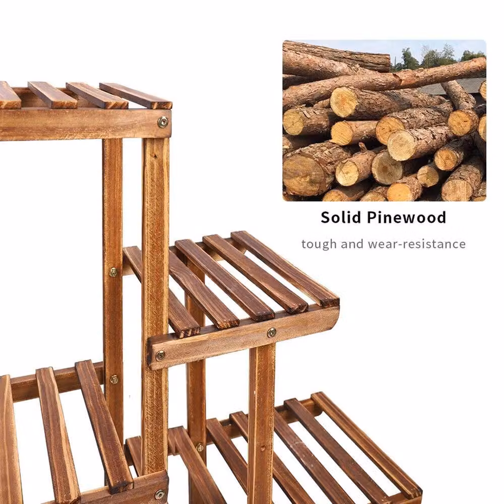 Havendro Rustic Brown Carbonised Pine Wood Flower Rack for Garden, Balcony or Kitchen, H 96.5 x W 25.0 x D 25.0 cm – 4