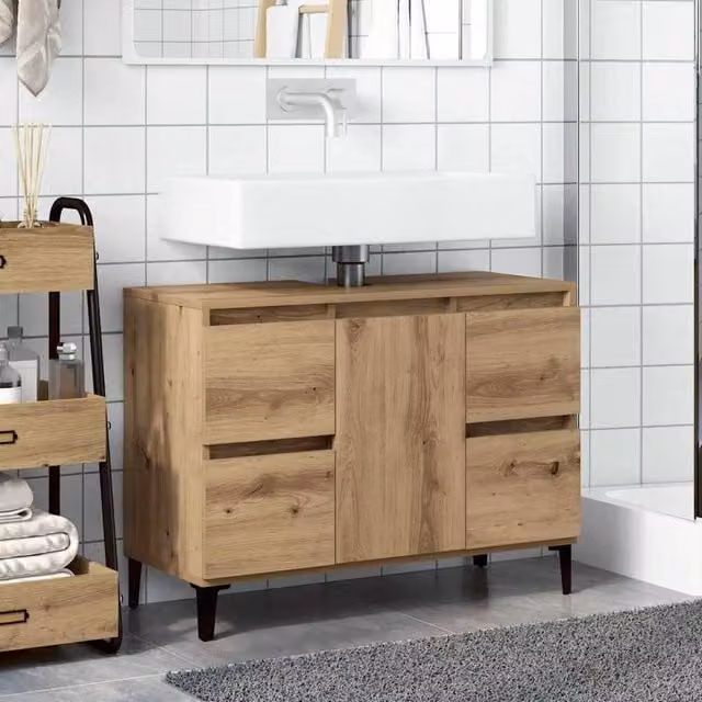 Berkfield Home Artisan Oak Sink Cabinet in Brown, W/D/H: 80 x 33 x 60 cm