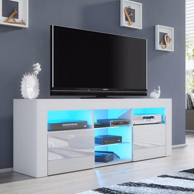 Creative Furniture Pulse TV Unit in White with Glossy Finish and Glass, W: 145 cm, D: 35 cm, H: 53 cm – 1
