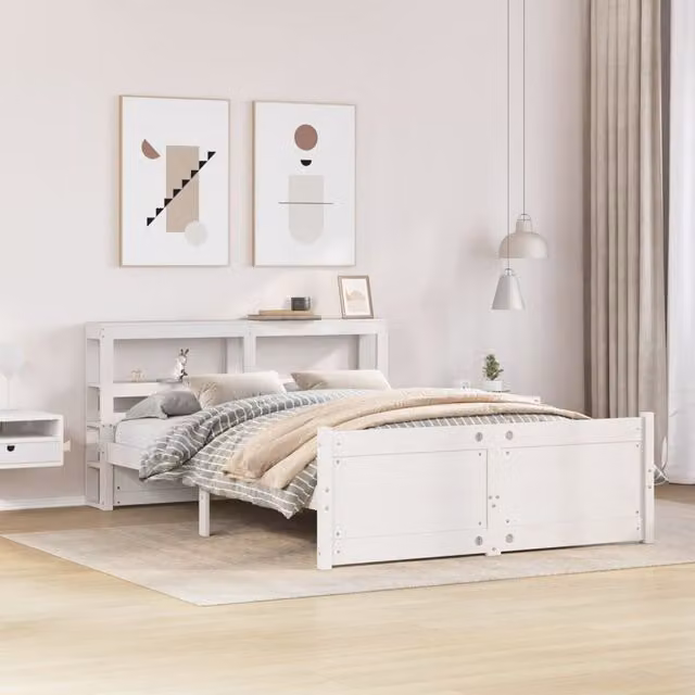 Berkfield Home Small Double Bed Frame with Headboard and Side Compartments in White Solid Pine Wood, W/D/H: 120 x 200 cm