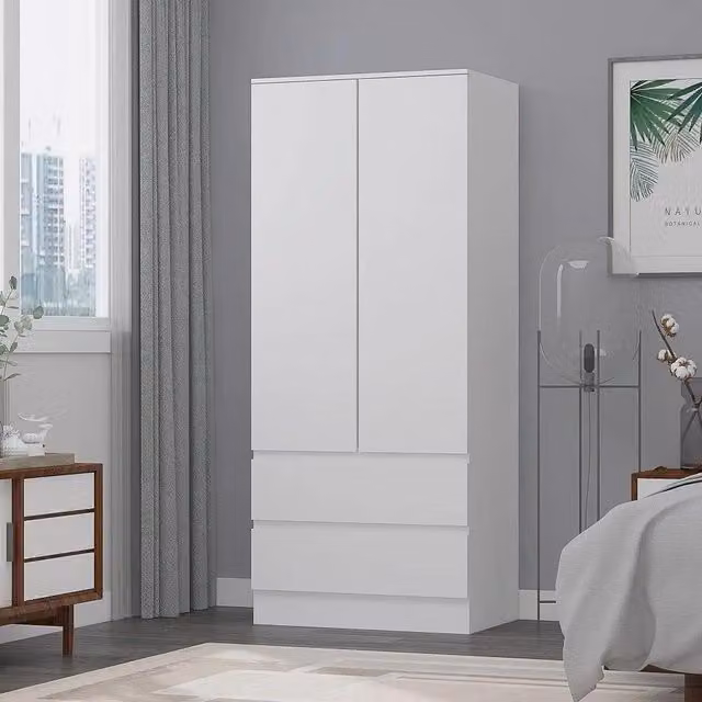 FWStyle Modern Matt White Combination Wardrobe with 2 Doors and 2 Drawers and Soft Close Hinged Doors