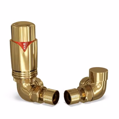 UK Radiators Derry Bold Modern Polished Brass Thermostatic Radiator Valve and Lockshield Set 1/2BSP 8mm