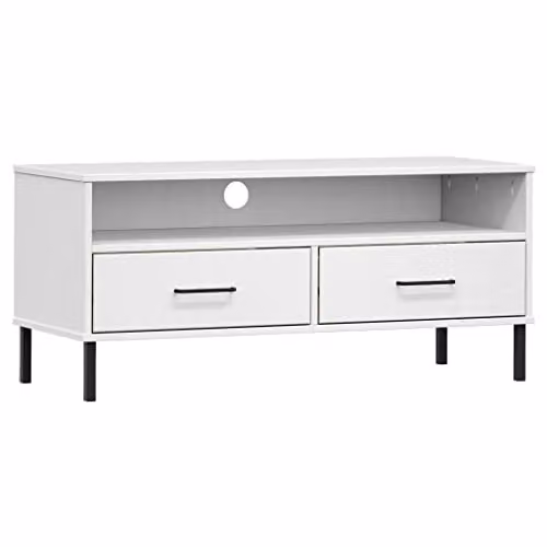 vidaXL OSLO TV Cabinet in White Solid Pine Wood with Metal Legs