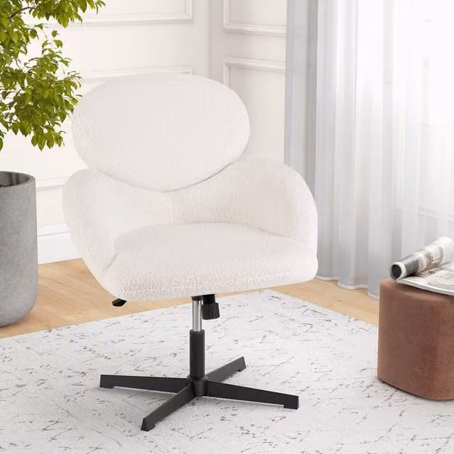 Costway Modern White Bouclé Fabric Criss Cross Swivel Task Vanity Chair for Home Office