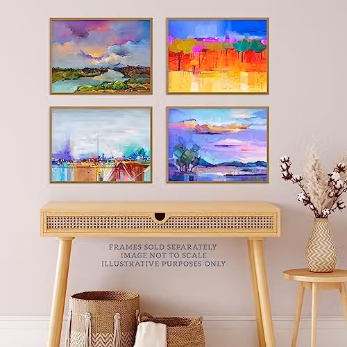Wee Blue Coo Pack of 4 Multicoloured Coastal Landscape Abstract Oil Painting Unframed A4 Paper Poster Prints Set – 2
