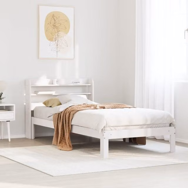 Berkfield Home White Lacquered Pine Bed Frame with Headboard and Side Compartments W/D/H: 90 x 200 cm