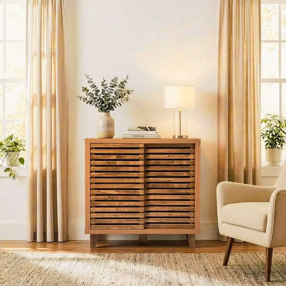CALICOSY Liam 2-Door Sliding Sideboard with Openwork Slats in Dark Brown, Width: 80 cm – 2