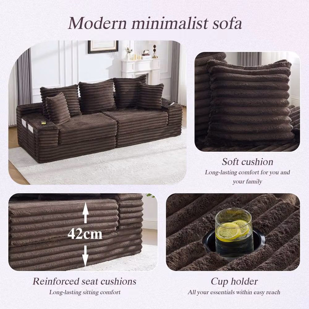 Matteo Corduroy Convertible Sofa Bed with Cup Holders and Pockets in Brown – 5