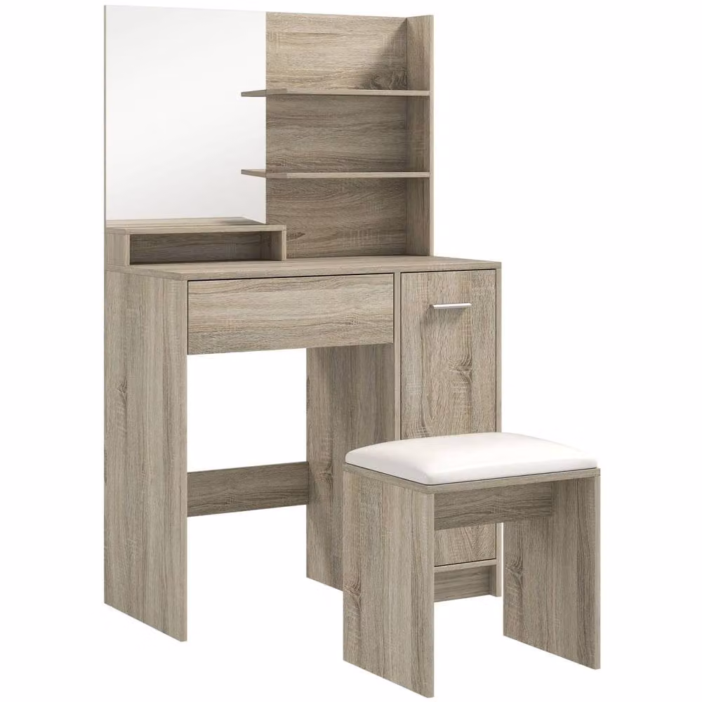 Wyld Haus Marini Wood Effect Dressing Table and Padded Stool with Storage in Brown and Sand – 2