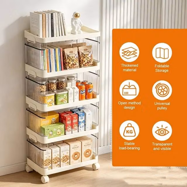 KORVIXA 5 Tier Rolling Storage Trolley with Side Guards in Beige, W: 60 cm, H: 60 cm