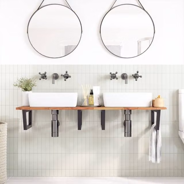 Berkfield Home Elegant Wall Mounted Basin Shelf in Brown Acacia Wood and Black Steel