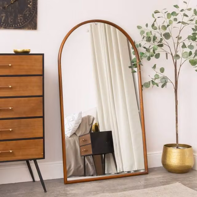 Melody Maison Ashwell Large Arched Leaner Mirror with Brown Walnut Wooden Frame, W: 90 cm, H: 158 cm – 1