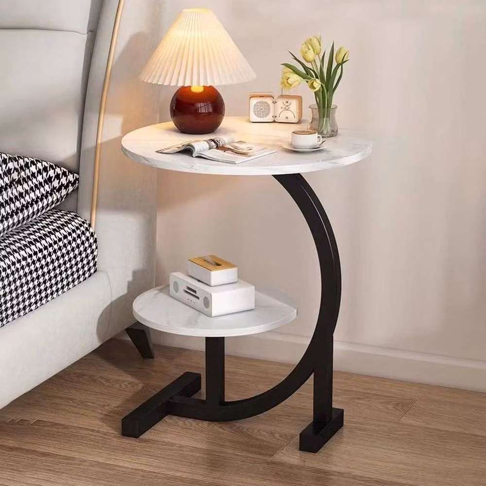EONLION White 2 Tier C Shaped Side Table with Round Top and Sled Base – 3