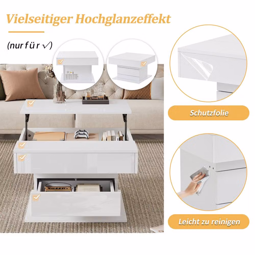 Rolipo White High Gloss Square Lift Top Coffee Table with Rotating Centre and Height Adjustment – 2