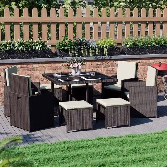 Vida Designs Cuba 8 Seater Rattan Dining Set with Glass Top in Black and Brown
