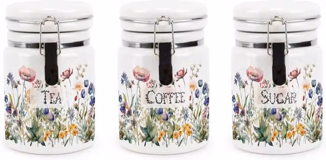 Purely Home Wildflowers Floral Ceramic Tea, Coffee and Sugar Storage Canister Set in Green and White