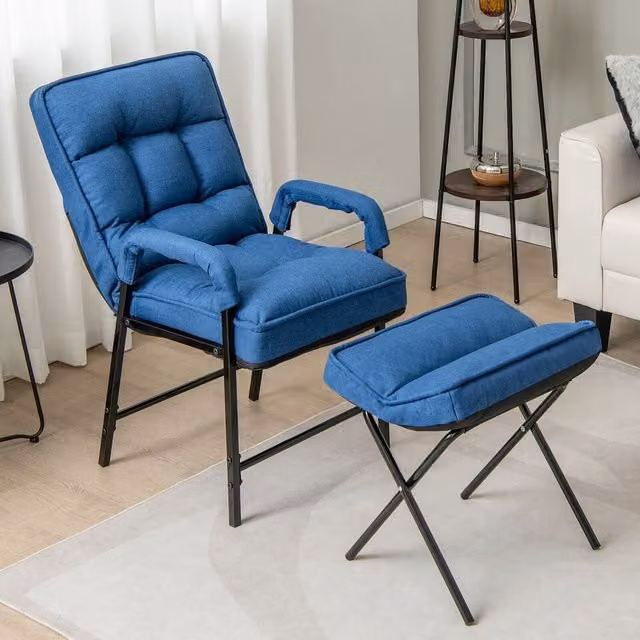 Costway Blue Fabric Adjustable Recliner Chair with Ottoman and Adjustable Headrest