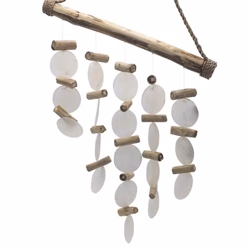 KDMD Pearl Effect White Driftwood Hanging Chime with Glass and Wood Details