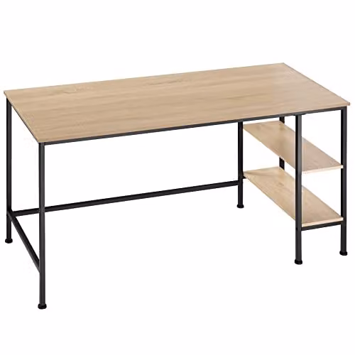 tectake Computer Desk with Side Storage Shelves in Oak and Black, W/D/H: 140 x 60 x 76.5 cm – 1