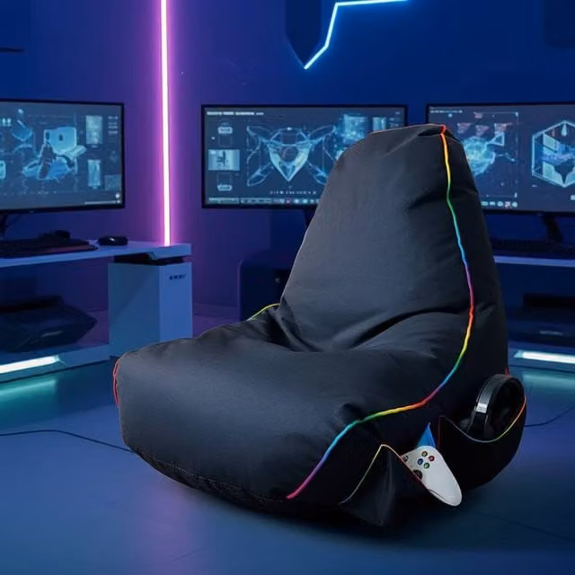 rucomfy Kids Gaming Bean Bag Chair in Black and Multicolour with Water-Repellent Removable Fabric Cover