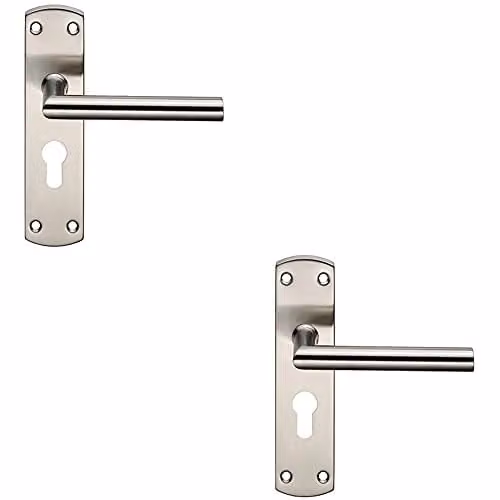 Loops 2 Pack Mitred Lever Door Handle on Euro Lock Backplate, Brushed Silver Stainless Steel, W: 17.2 cm, H: 4.4 cm