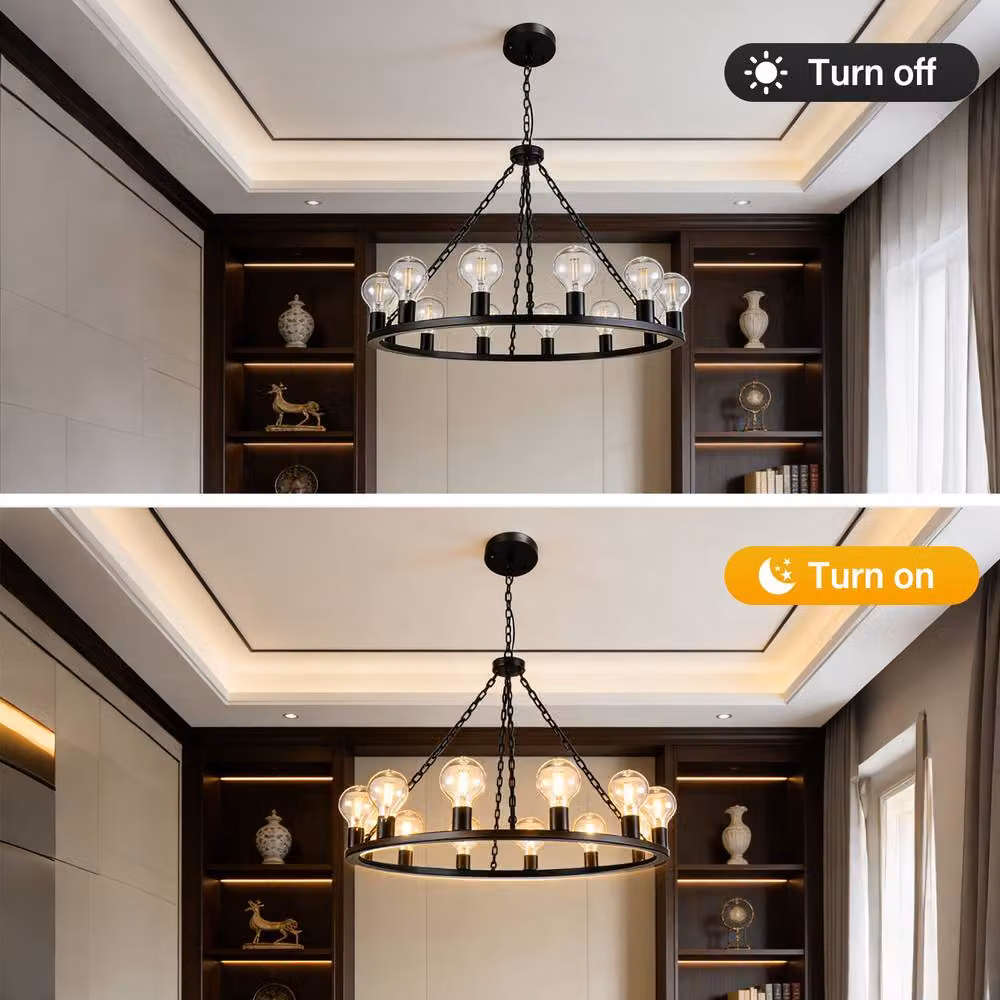INMTFEI 12-Light Black Steel Wagon Wheel Chandelier Adjustable Industrial Pendant Light – 2