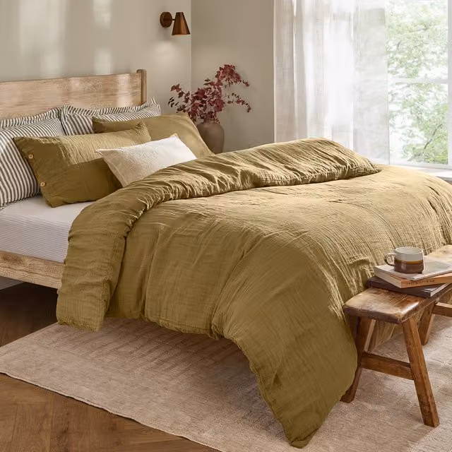 Lark Muslin Cotton Duvet Cover Set in Green, 140 x 200 cm