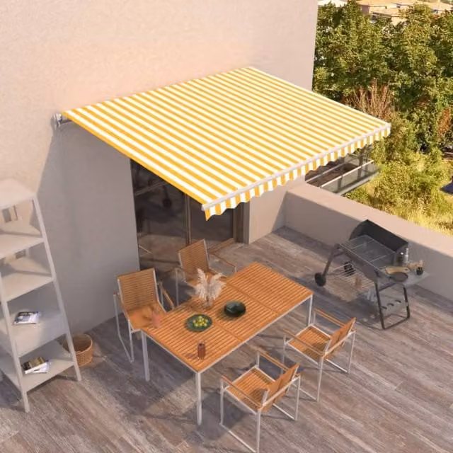 Berkfield Home Manual Retractable Awning with Crank and Folding Arms, Yellow and White, W: 450 cm, D: 350 cm