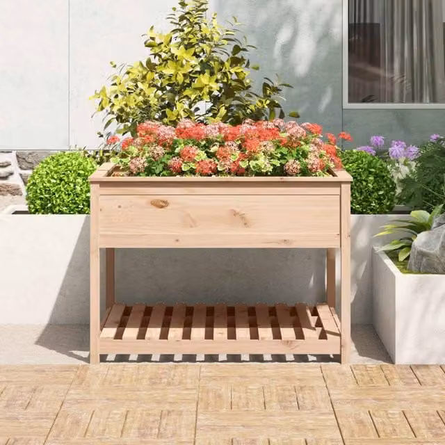 Berkfield Home Solid Wood Pine Planter with Shelf in Light Oak, W/D/H: 111.5 x 111.5 x 81 cm – 1