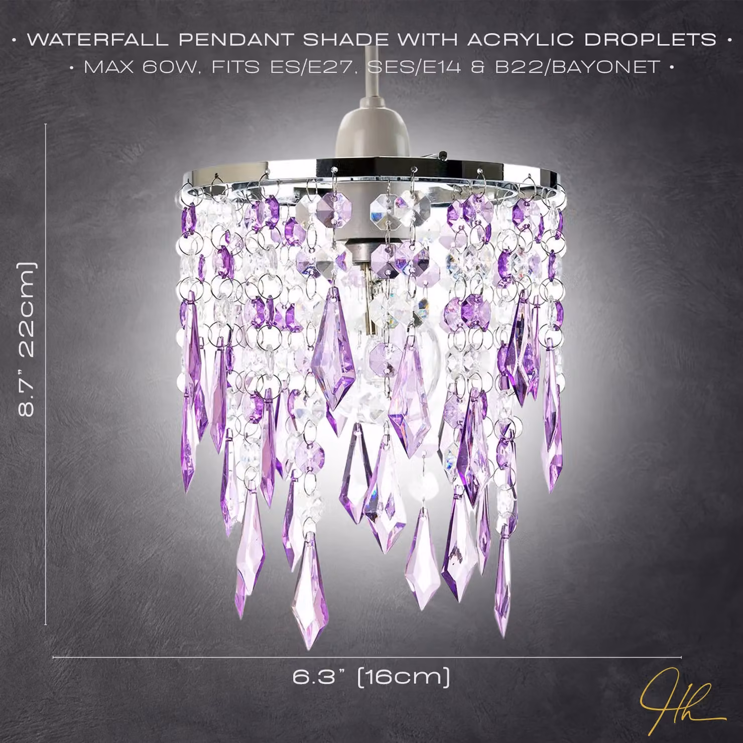 Happy Homewares Modern Waterfall Design Pendant Shade with Purple and Transparent Acrylic Droplets and Beads – 3