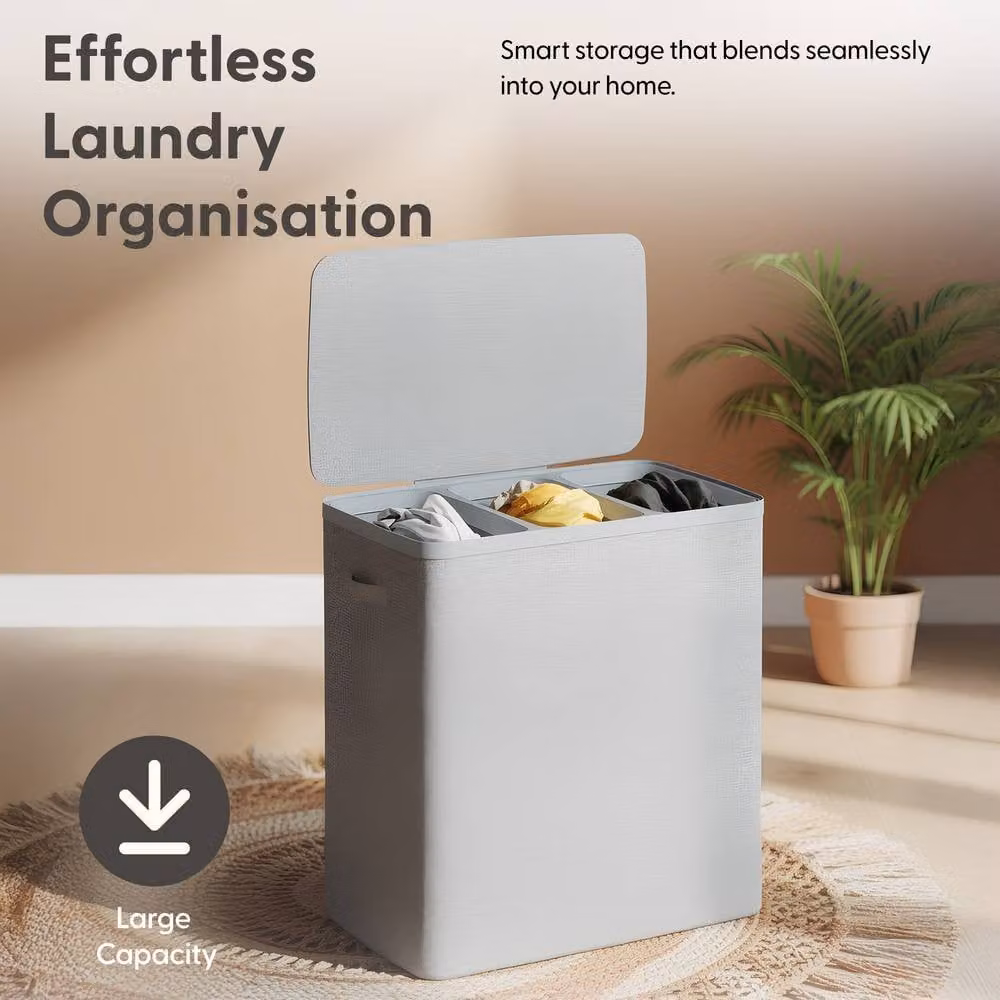 Keplin Collapsible Triple Laundry Basket with Lid and Removable Liner, 170L, Grey – 3