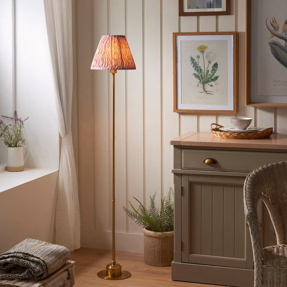Netlighting Burley Rechargeable LED Floor Lamp with Pink Fabric Ripple Shade and Brass Finish – 2