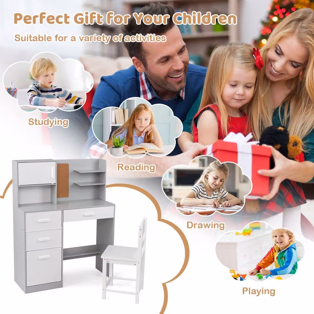 CASART Kids Wooden Study Desk and Chair Set with Hutch in Grey – 3