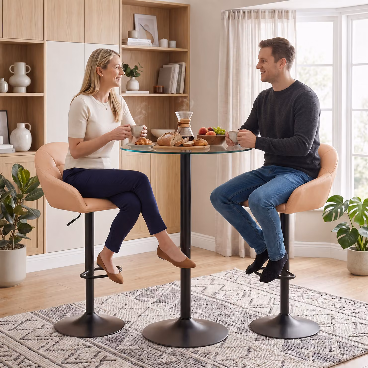 HOMCOM Set of 2 Adjustable Height Bar Stools with Armrests and Backrests in Brown Synthetic Leather – 5