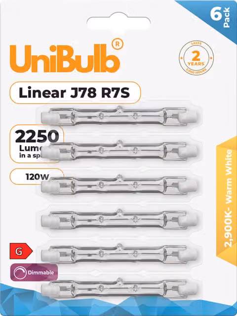 UniBulb R7S Linear Halogen Bulb, 120W, 2250lm, 2900K Warm White, Dimmable, Pack of 6