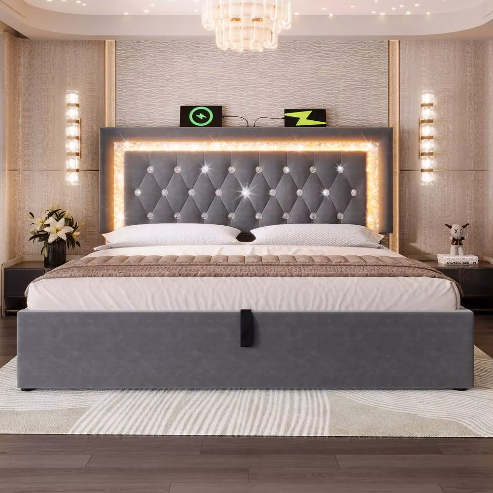 Matteo Grey Velvet Double Bed with LED Lighting, USB Charging Ports and Hydraulic Storage, W/D/H: 140 x 200 cm – 5