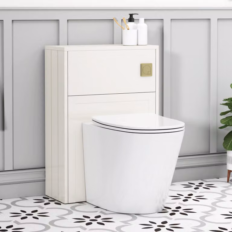 Royal Bathrooms Elmore Classic White Wall Mounted BTW WC Unit with Cesar Rimless Ceramic Toilet Pan, Slim Soft Close Seat and Cistern, Width: 55 cm