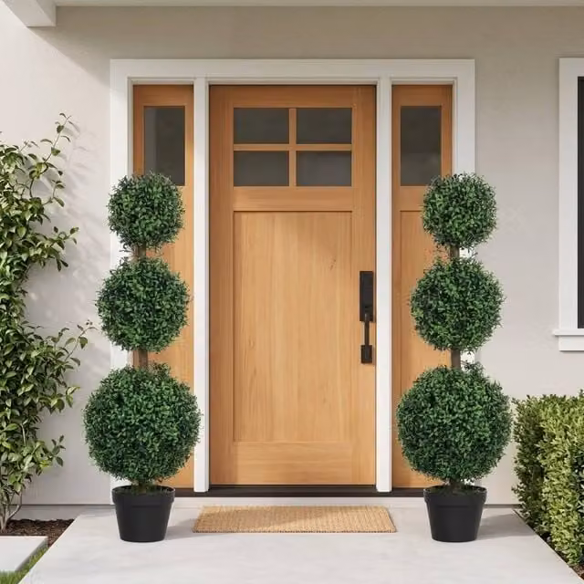 STILVORA Set of 2 Green Artificial Boxwood Trees in Round Concrete Pots, Height: 100 cm