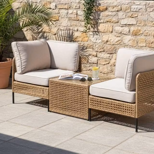 Wyld and Coco Outdoor 2-Seater Sofa Set and Coffee Table with Beige Upholstered Cushions and Powder Coated Steel Frame