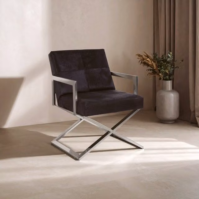 Orsina Contemporary Design Black Leather Accent Armchair with Metal Cross Base