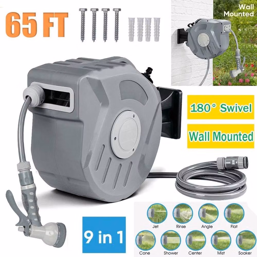 NESTLUNE Wall Mounted Automatic Garden Patio Hose Reel with 180 Degree Swivel in Grey, 20m – 2