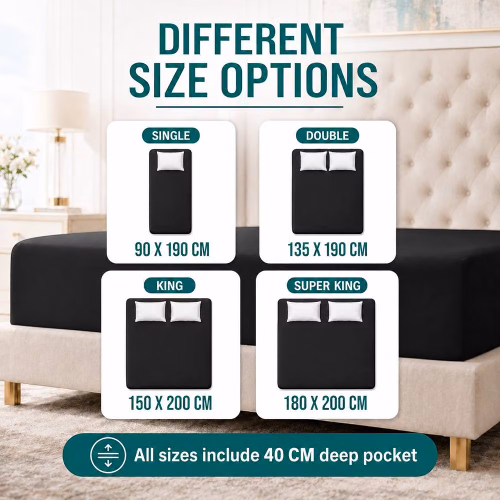 Pamposh Black Microfibre Plain Fitted Sheet, Super King, W/D: 200 x 200 cm, Pocket Depth: 40 cm – 6