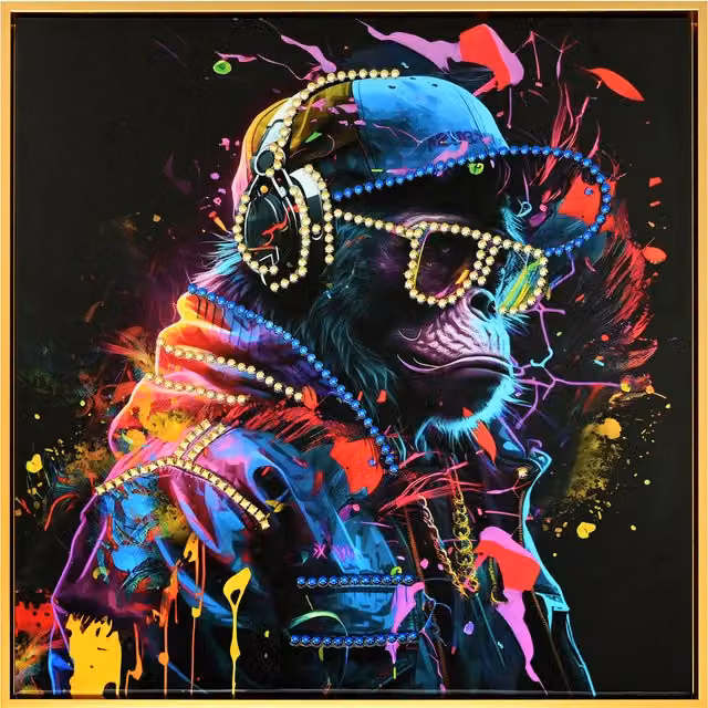 Bright Monkey Music Multicolour and Gold Animal Themed Framed Canvas Wall Art