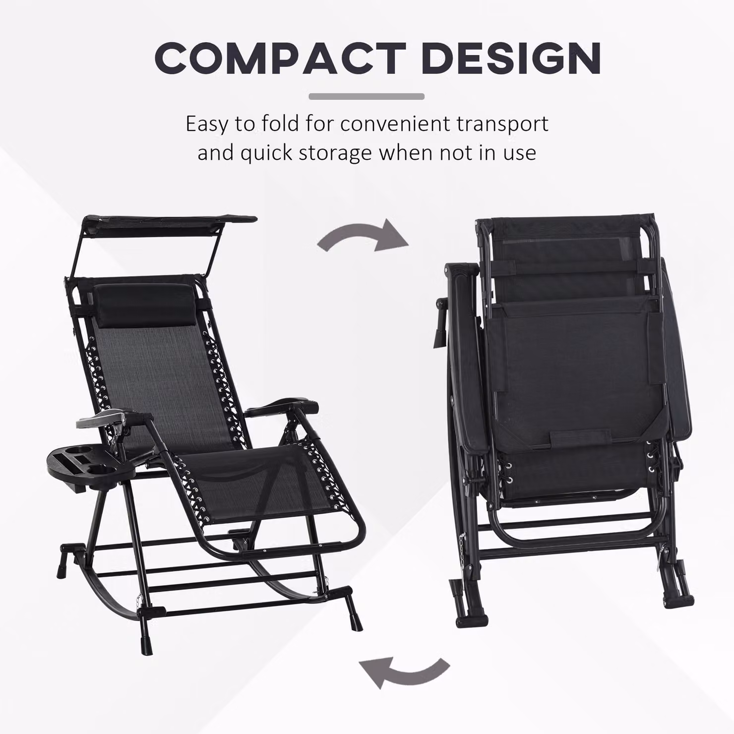 Outsunny Black Garden Rocking Chair Folding Recliner with Adjustable Headrest and Side Tray – 4