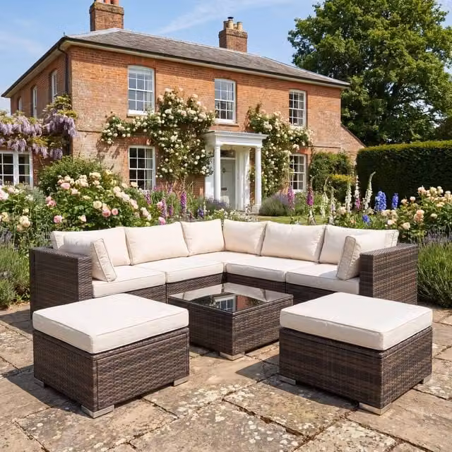 Rosewood & Stone Home Stowe 7 Seat L-Shape Modular Garden Set in Beige and Brown – 1