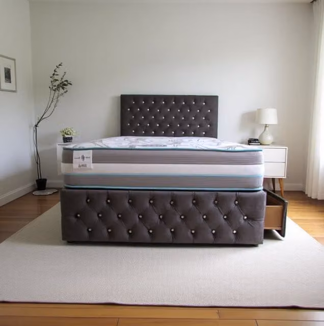 Knight Sleep Delaware Plush Double Bed with Hybrid Mattress, Headboard and 2 Drawers in Grey